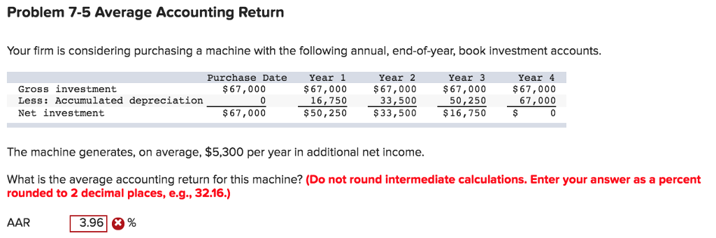 Problem 7-5 Average Accounting Return Your firm is considering purchasing a