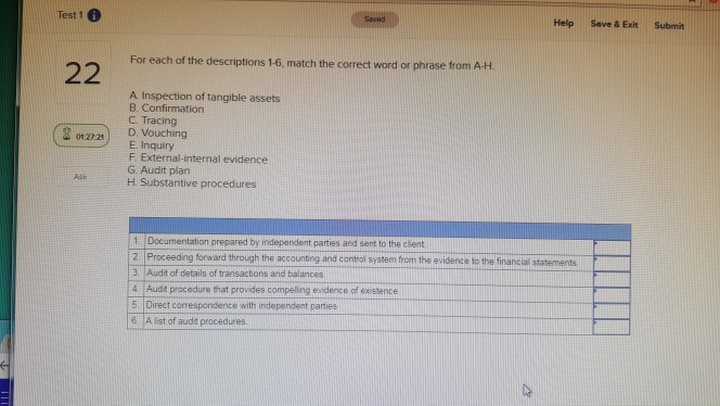 Test 1 Help Save & Exit Submit For each of the