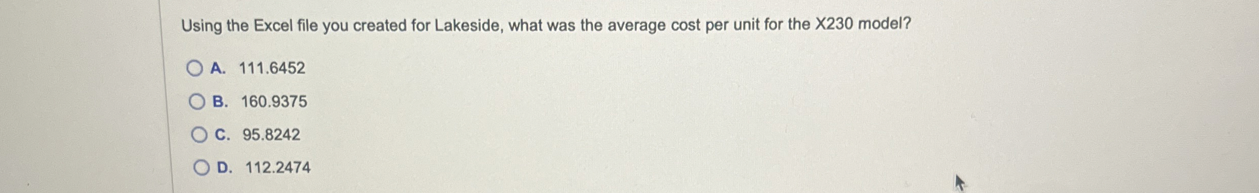  Using the Excel file you created for Lakeside, what was the