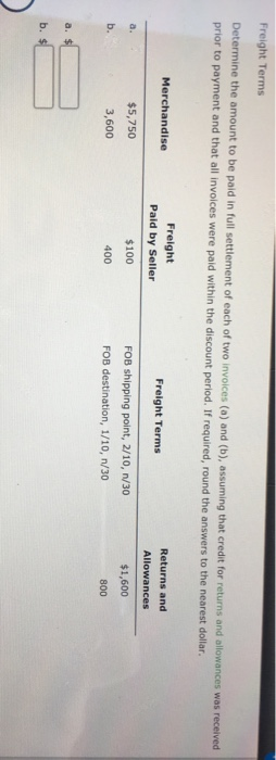  Problem 10 A) B) Freight Terms Determine the amount to be