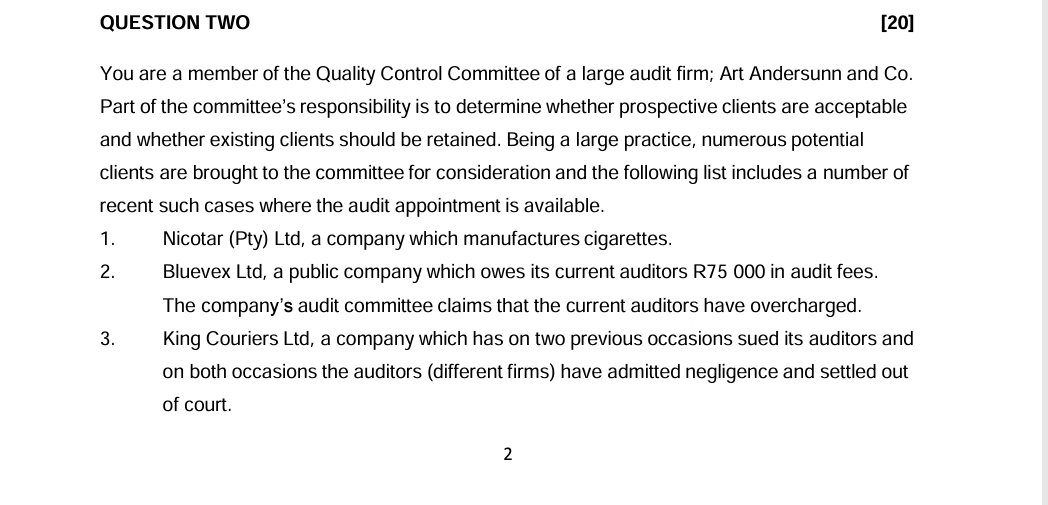  QUESTION TWO [20] You are a member of the Quality Control