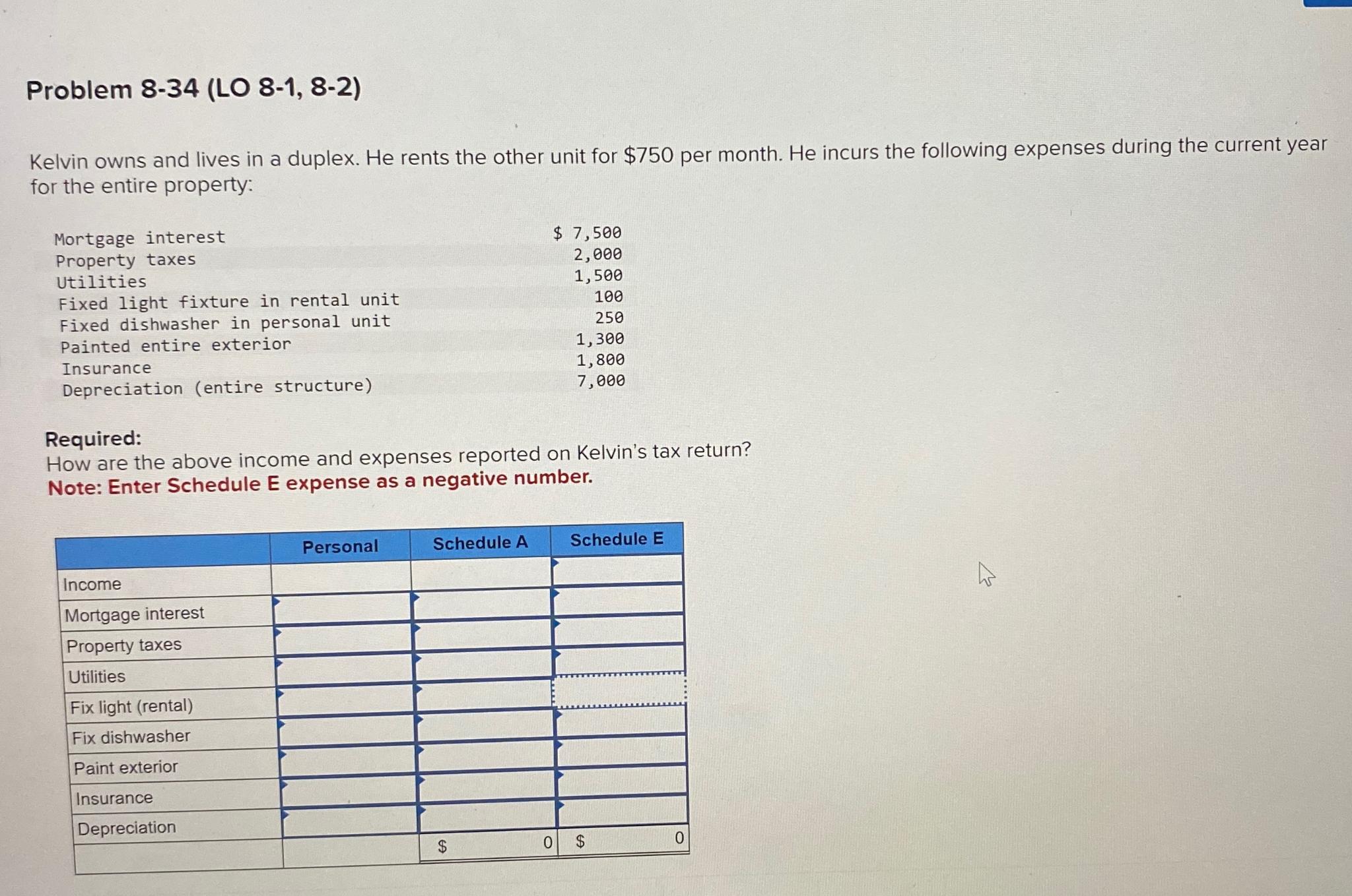  Problem 8-34(LO 8-1,8-2) Kelvin owns and lives in a duplex. He