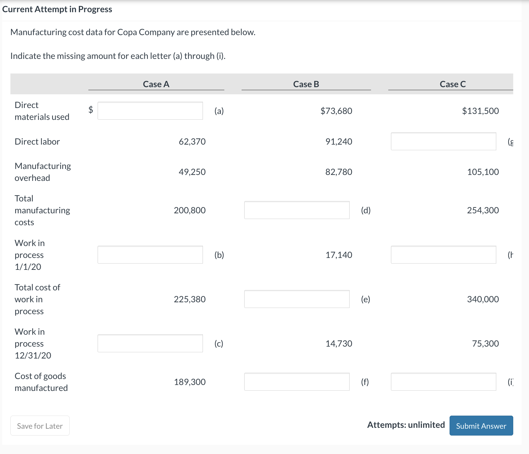 Current Attempt in Progress Manufacturing cost data for Copa Company are