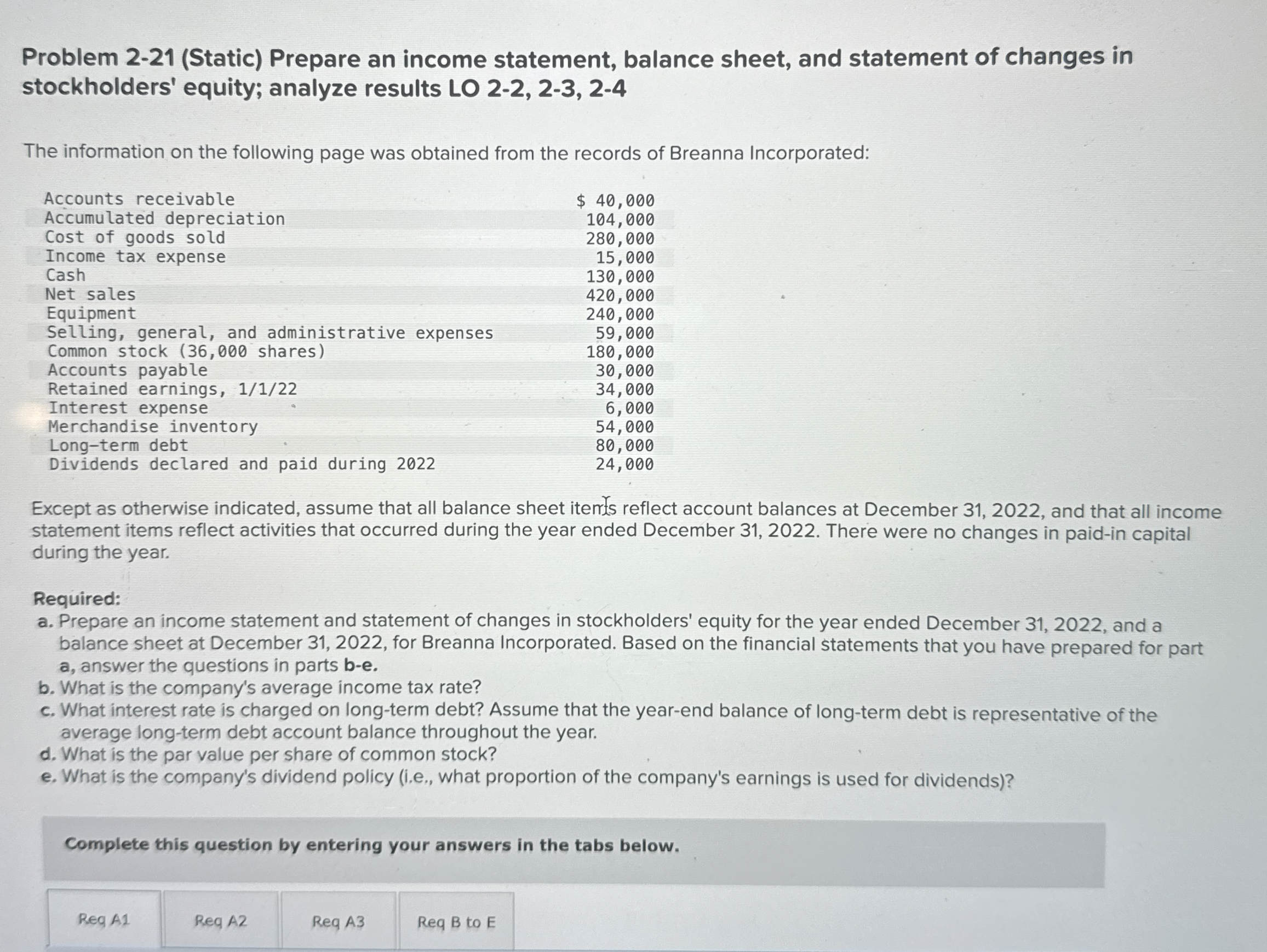  Problem 2-21(Static) Prepare an income statement, balance sheet, and statement of