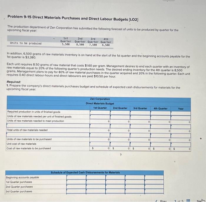  Problem 9-15 Direct Materials Purchases and Direct Labour Budgets [LO2] The