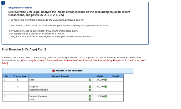  Required information Brief Exercise 2-10(Algo) Analyze the impact of transactions on