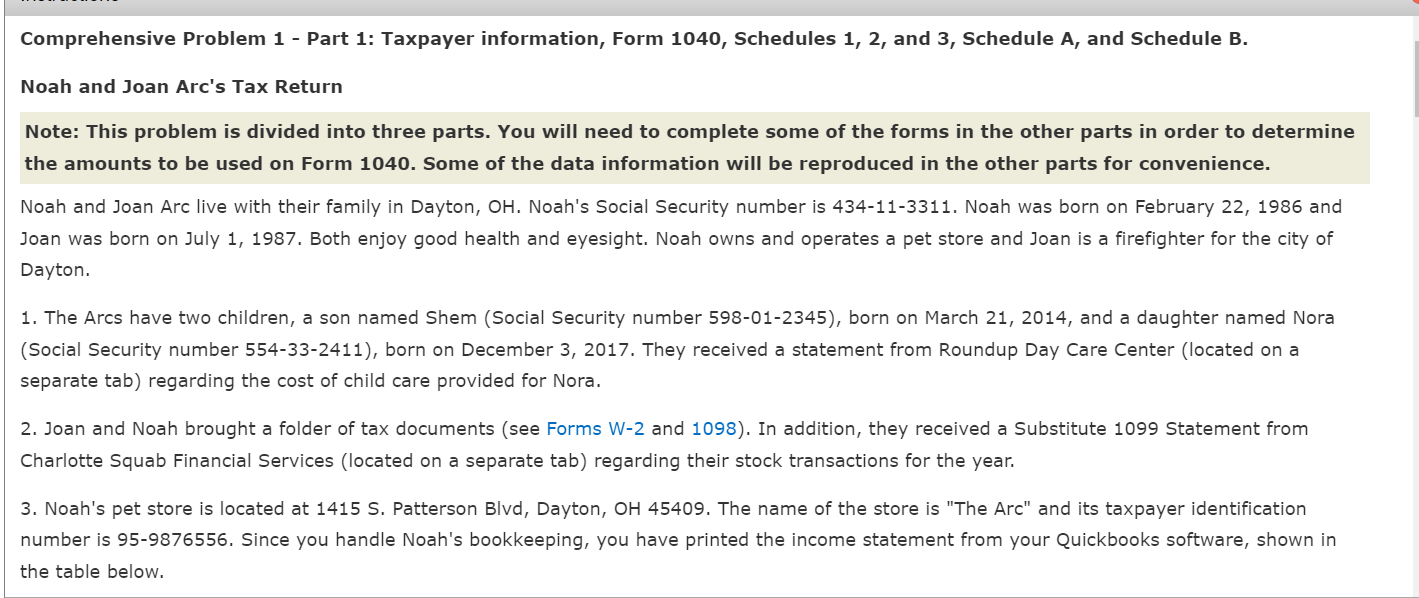  Comprehensive Problem 1 - Part 1: Taxpayer information, Form 1040, Schedules