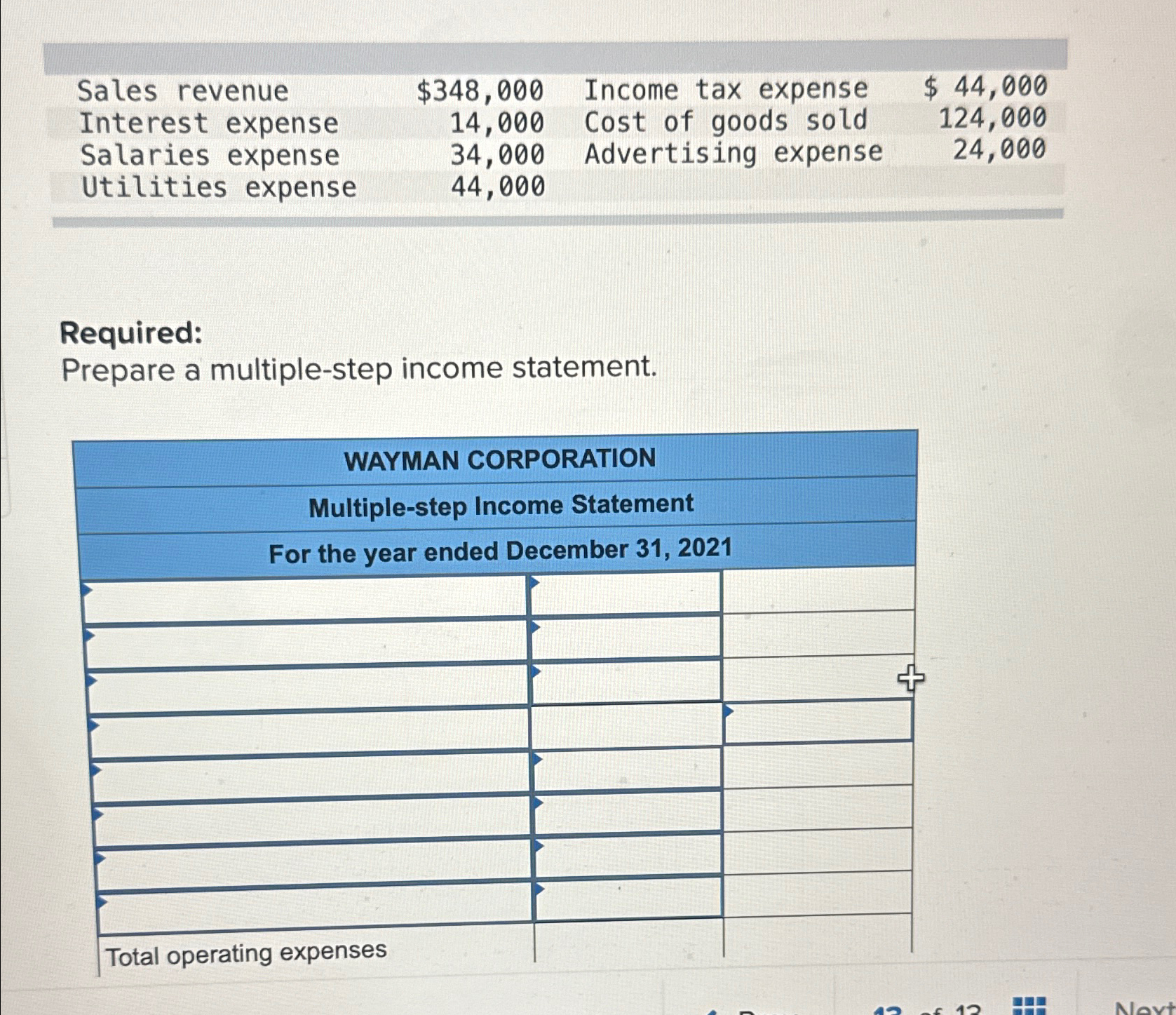  \table[[Sales revenue,$348,000,Income tax expense,$44,000 