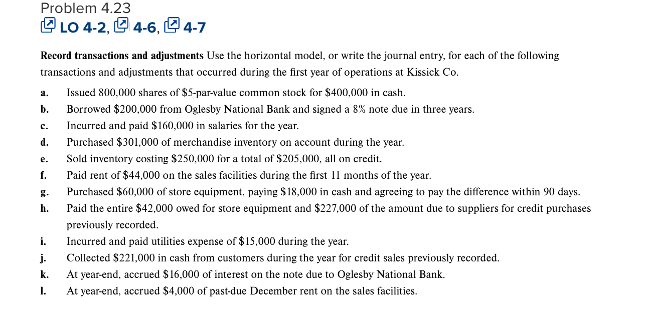  Problem 4.23 LO 4-2,4-6,4-7 Record transactions and adjustments Use the horizontal