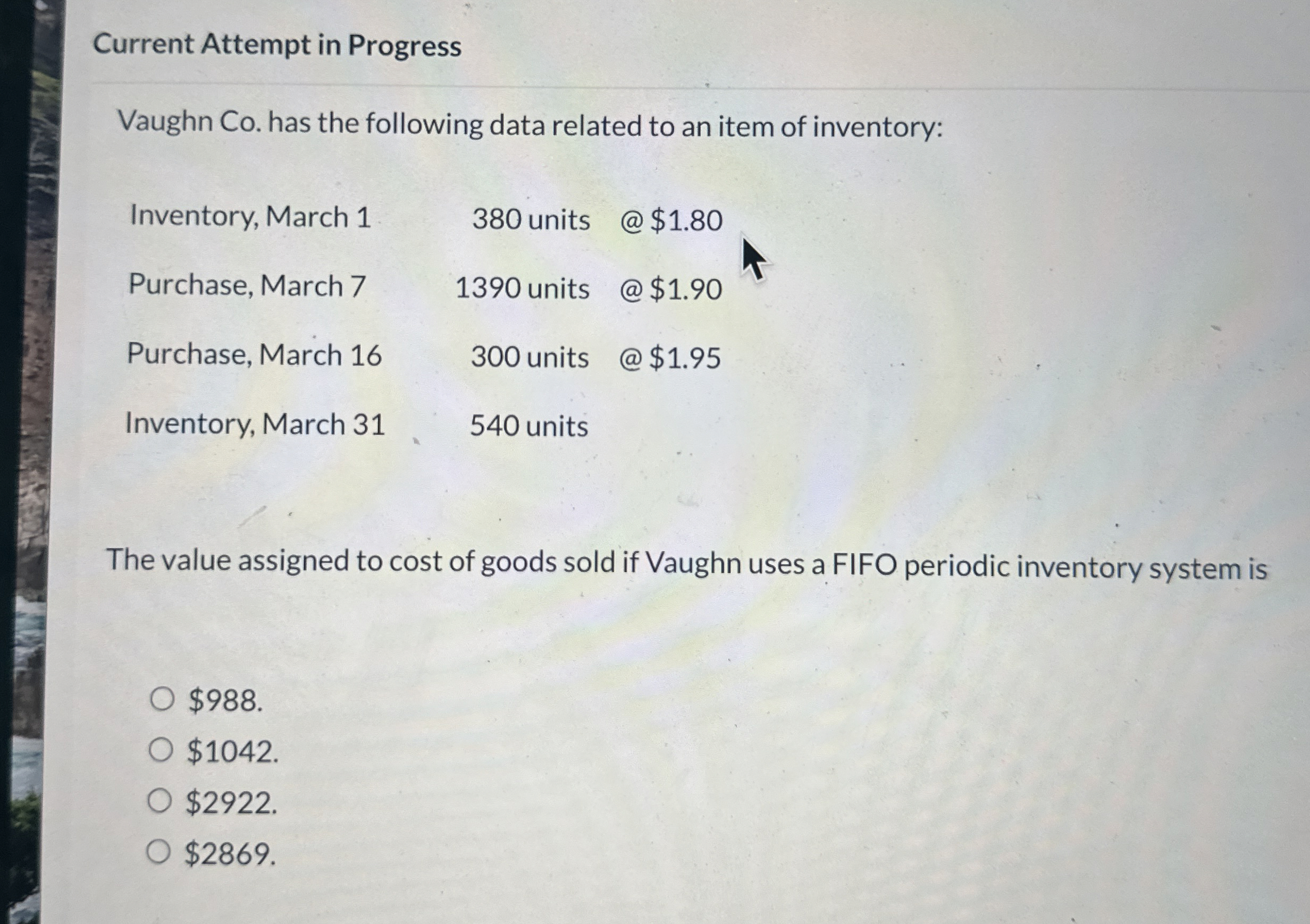  Current Attempt in Progress Vaughn Co. has the following data related