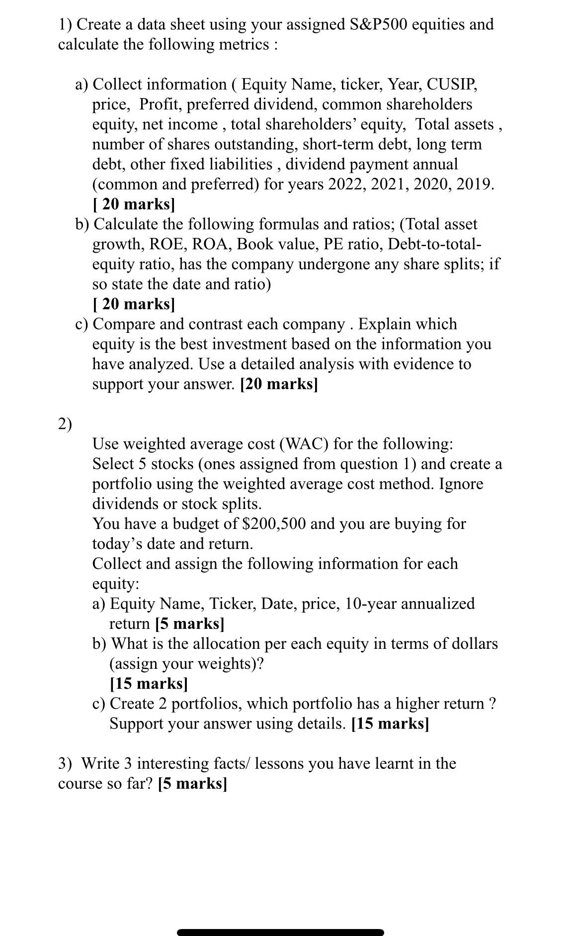  Create a data sheet using your assigned S&P500 equities and calculate