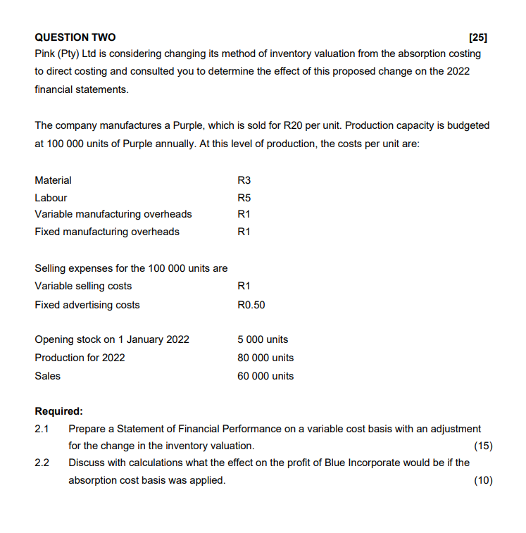  QUESTION TWO Pink (Pty) Ltd is considering changing its method of