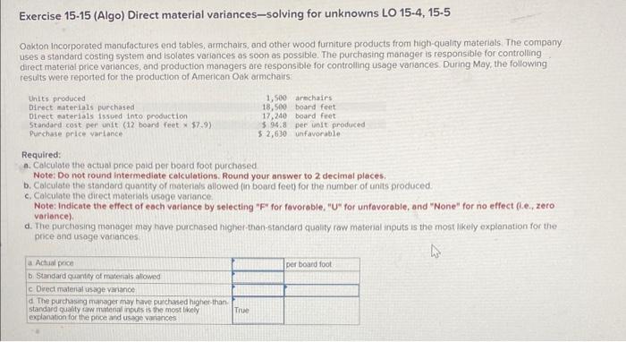  Exercise 15-15 (Algo) Direct material variances-solving for unknowns LO 15-4, 15-5