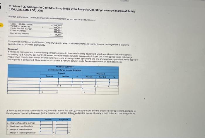  Problem 4-27 Changes in Cost Structure; Break-Even Analysis; Operating Leverage; Margin