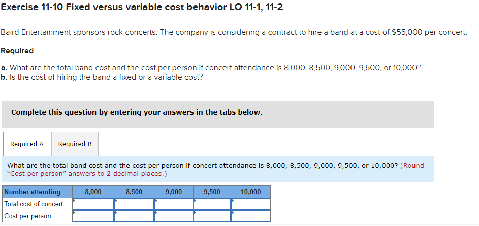  Exercise 11-10 Fixed versus variable cost behavior LO 11-1, 11-2 Baird