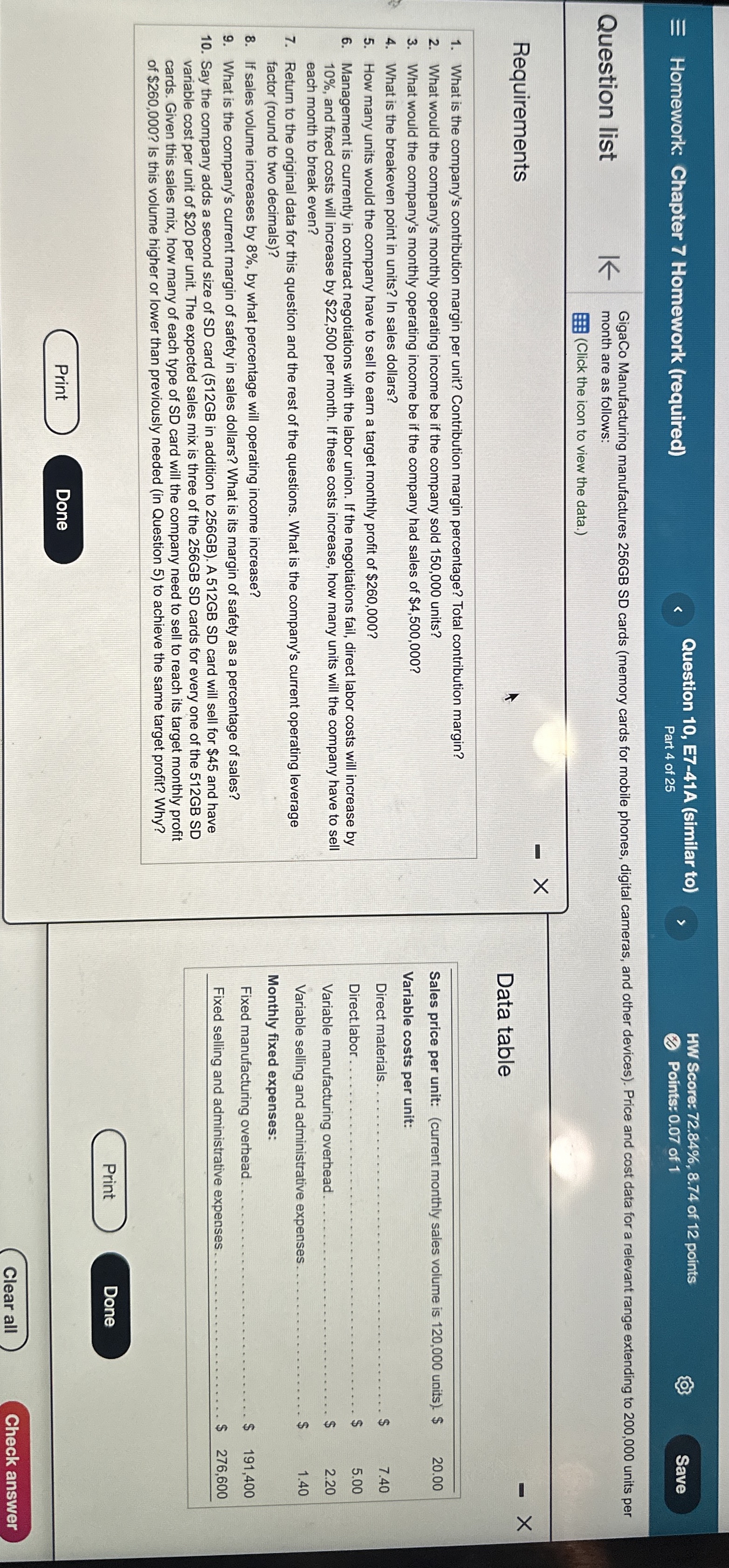 Homework: Chapter 7 Homework (required) Question 10, E7-41A (similar to) HW
