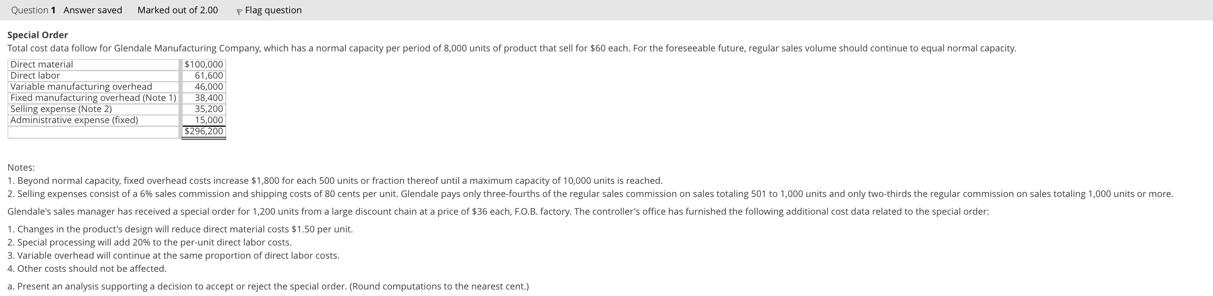  4. Other costs should not be affected. a. Present an analysis