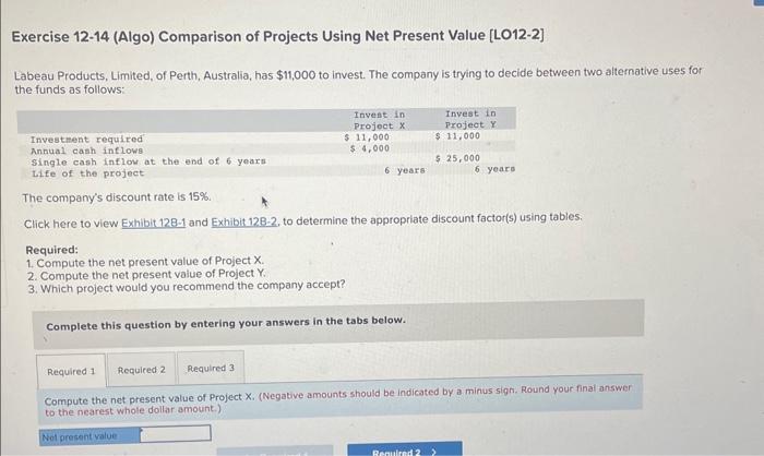  Exercise 12-14 (Algo) Comparison of Projects Using Net Present Value [LO12-2]