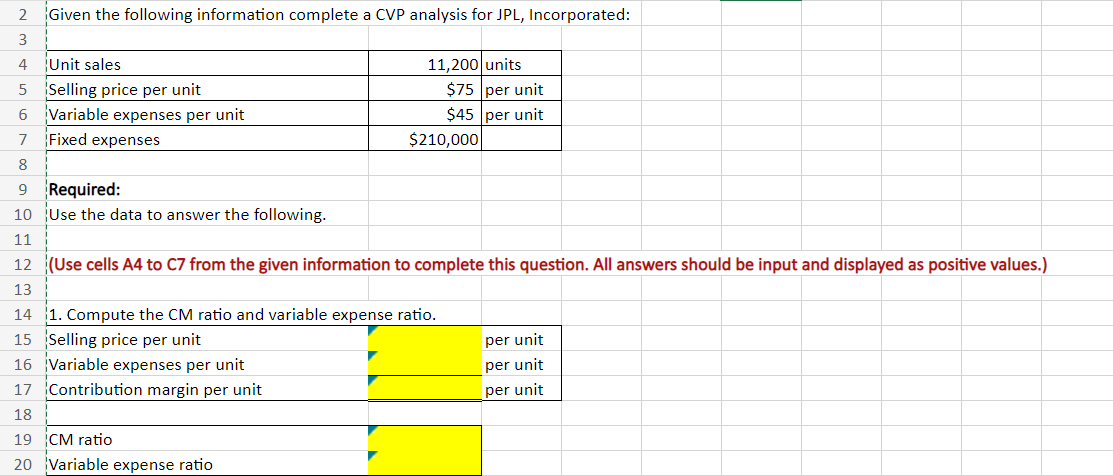 2 Given the following information complete a CVP analysis for JPL,