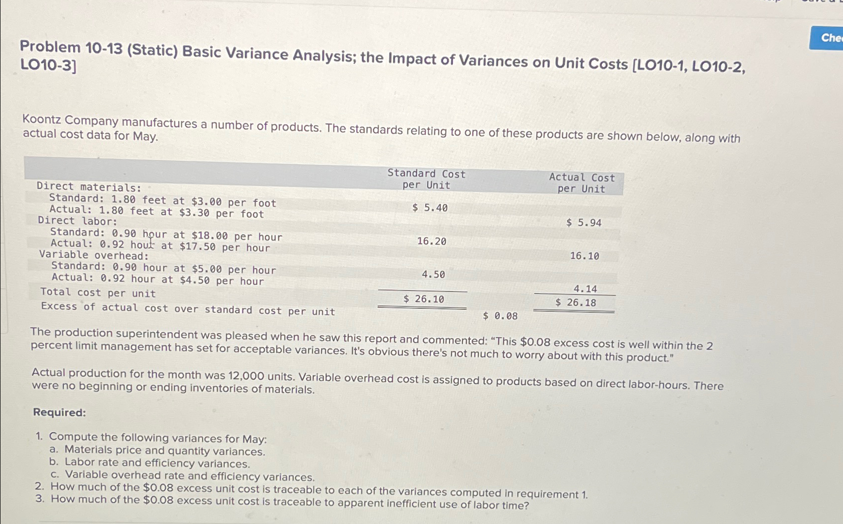  Problem 10-13(Static) Basic Variance Analysis; the Impact of Variances on Unit