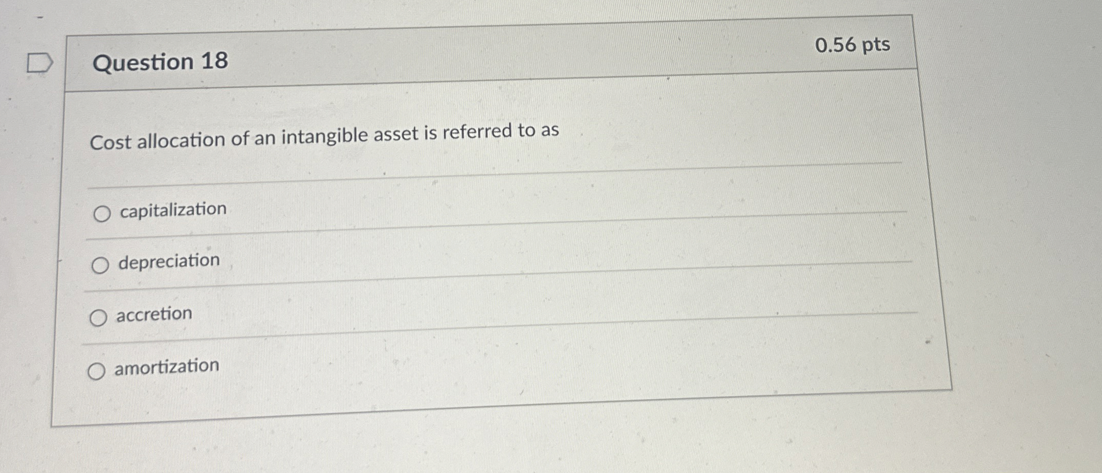  Question 18 0.56 pts Cost allocation of an intangible asset is