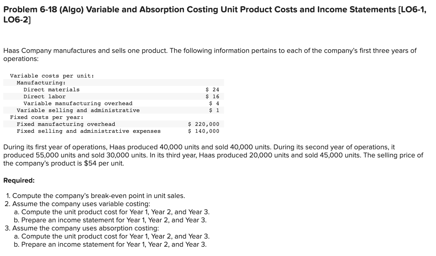 Compute the unit product cost for Year 1, Year 2, and
