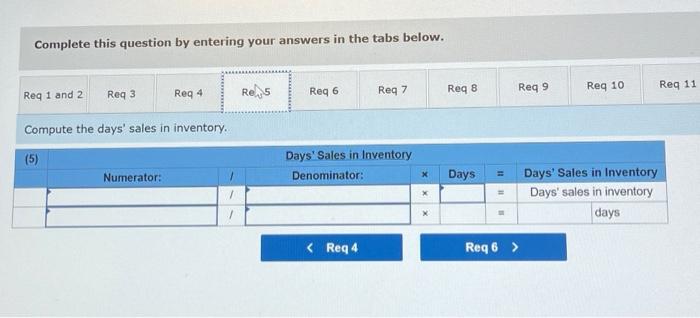 acid-test ratio. Compute the days' sales uncollected. Compute the inventory turnover. Complete