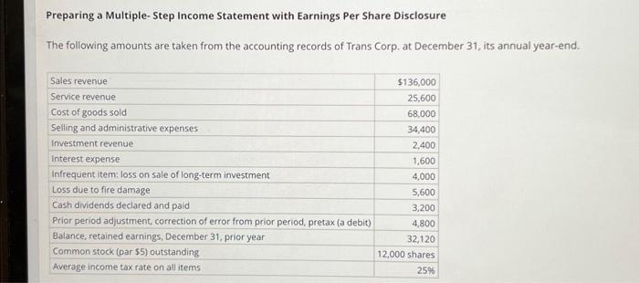 help please Preparing a Multiple-Step Income Statement with Earnings Per Share Disclosure