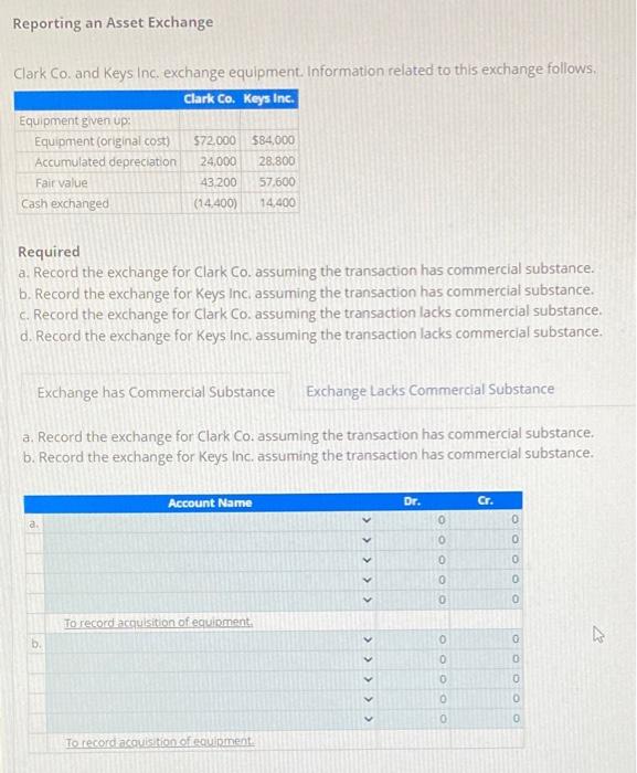  help me solve for reporting an asset exchange. i provided tbe