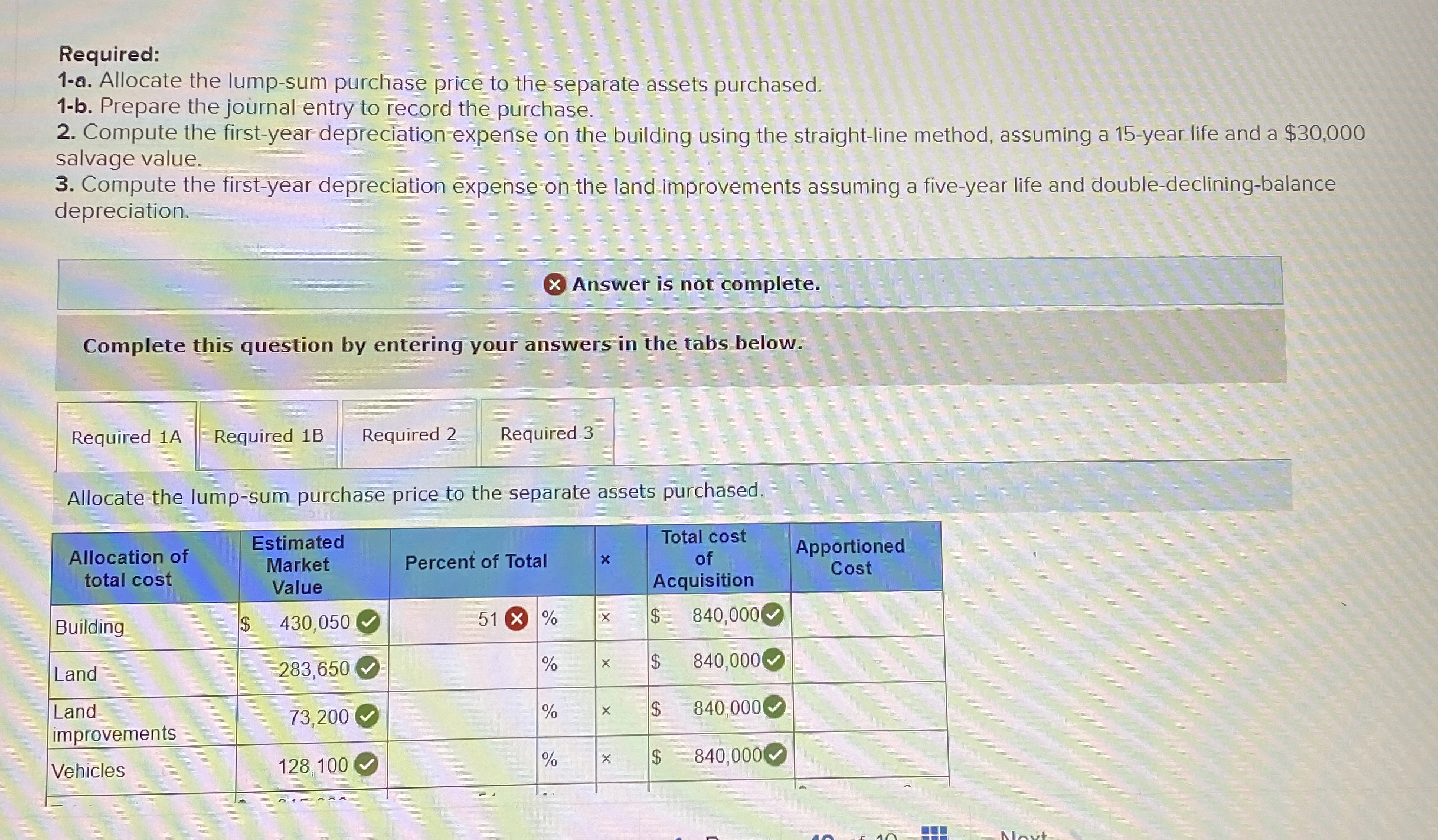  Required: 1-a. Allocate the lump-sum purchase price to the separate assets