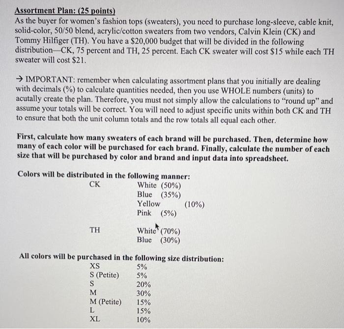 Fill in the assortment plan with data provided and include formulas/steps. Please