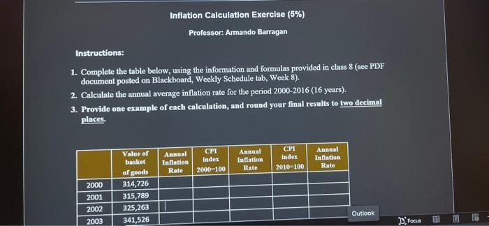  Infiation Calculation Exercise (5\%) Professor: Armando Barragan Instructions: 1. Complete the