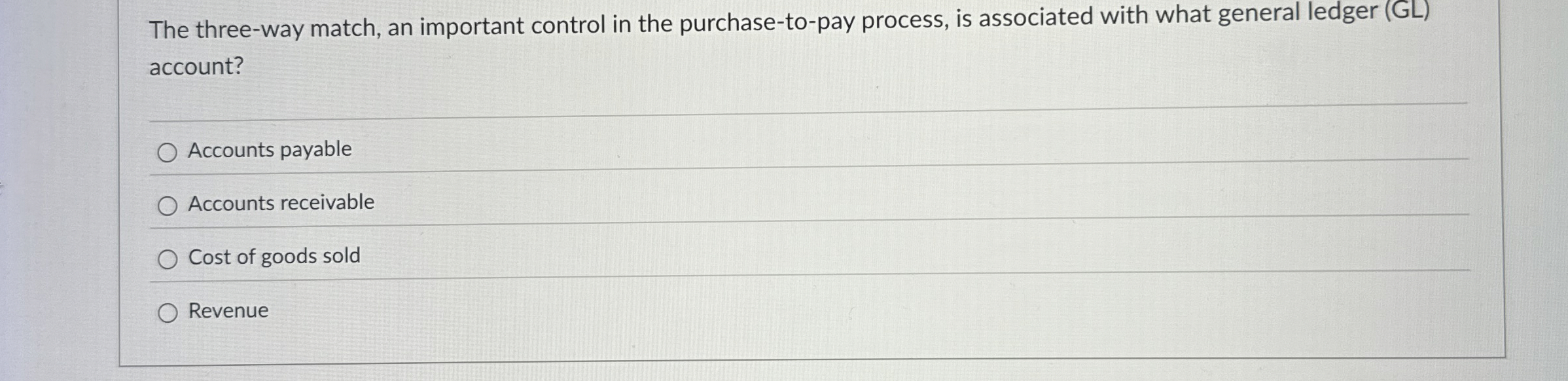  The three-way match, an important control in the purchase-to-pay process, is