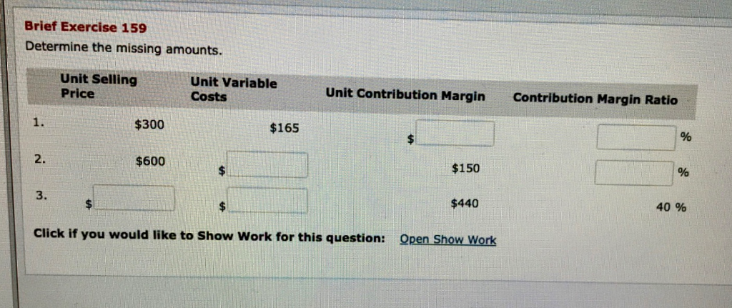  Brief Exercise 159 Determine the missing amounts. Unit Selling Price Unit