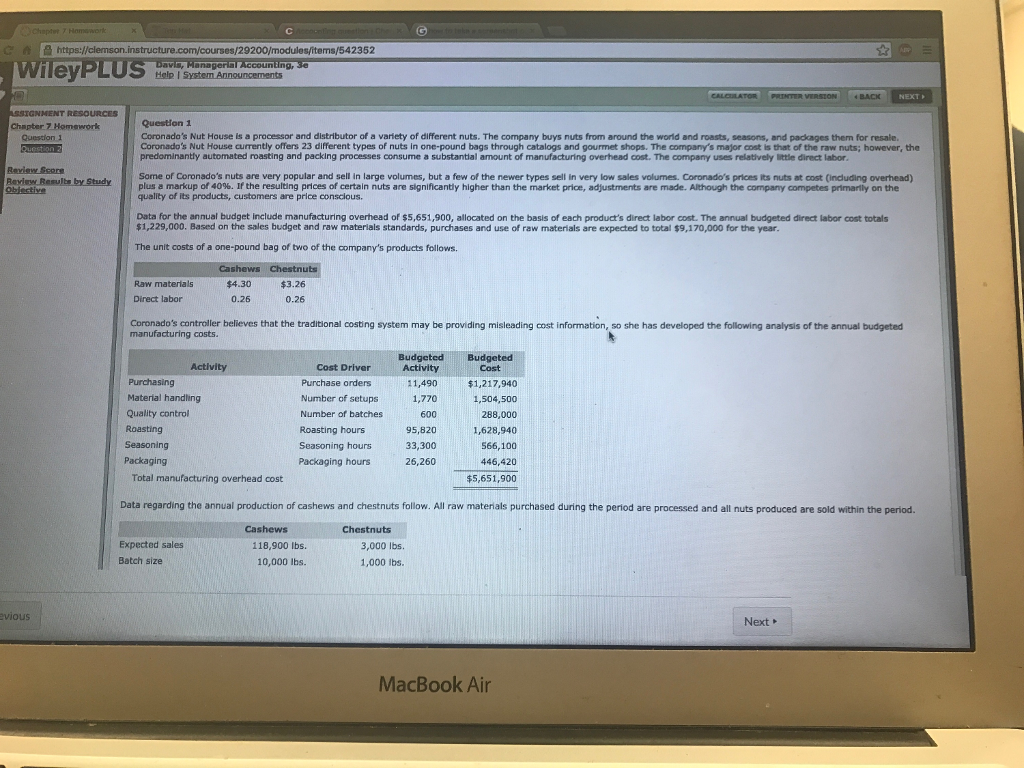  CAB https://clemson.instructure.com/courses/29200/modules/items/542352 Davis, Hanagertal Accounting, se Help I Chapter7 Homework Question