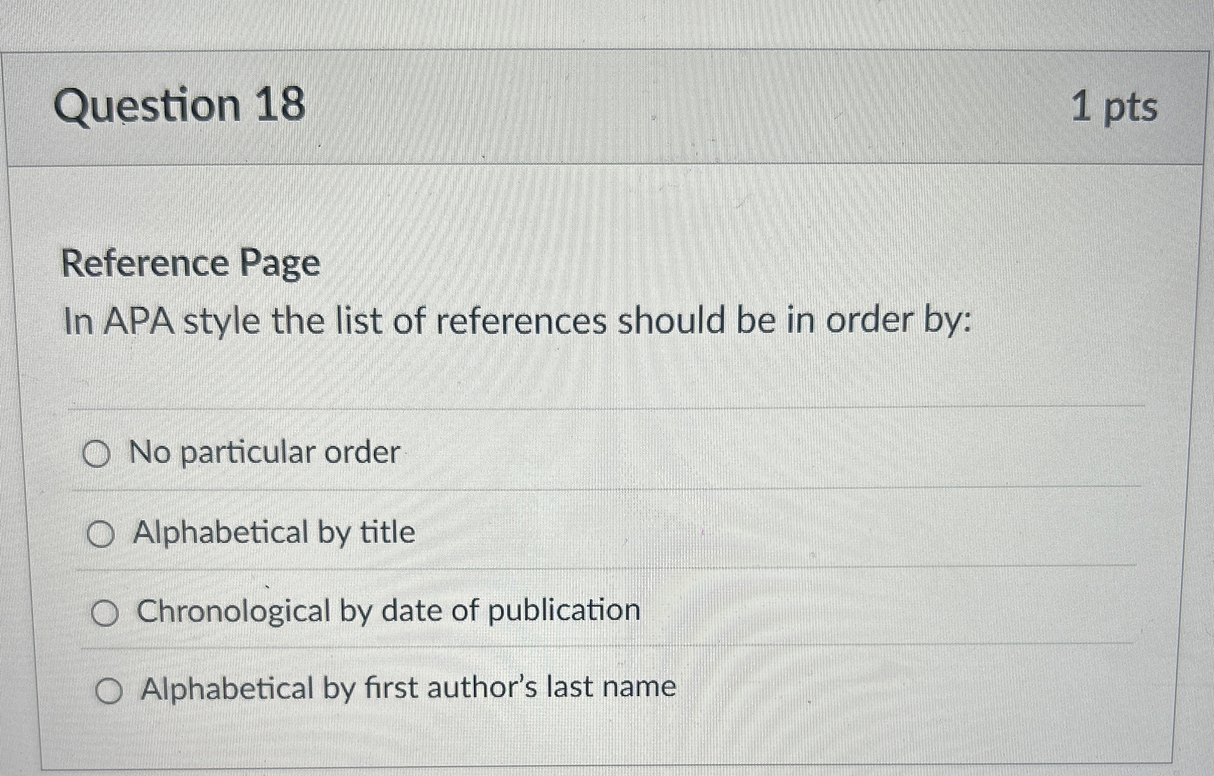  Question 18 1 pts Reference Page In APA style the list