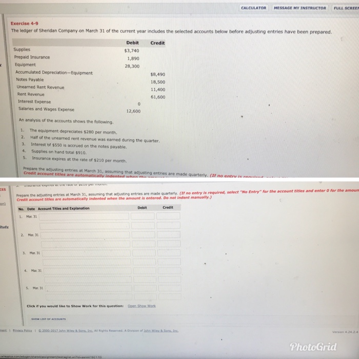  CALCULATOR MESSAGE MY INSTRUCTOR FULL SCREE Exercise 4-9 The ledger of
