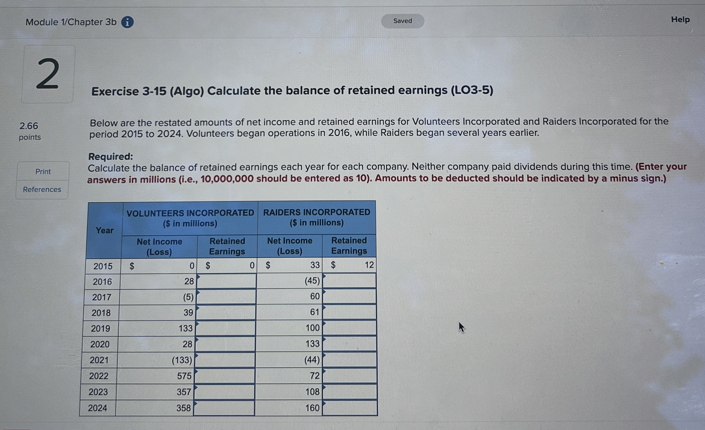  Module 1/Chapter 3b (i) Help 2.66 points Print References Exercise 3-15(Algo)