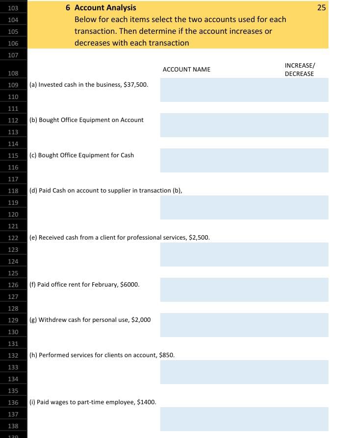  6 Account Analysis Below for each items select the two accounts