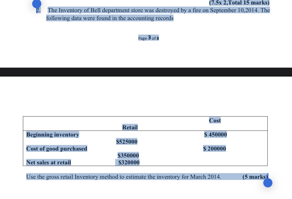  (7.5x 2, Total 15 marks)The Inventory of Bell department store was