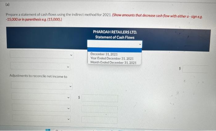 information regarding 2021: 1. Net income was $30,000. 2. Depreciation expense was