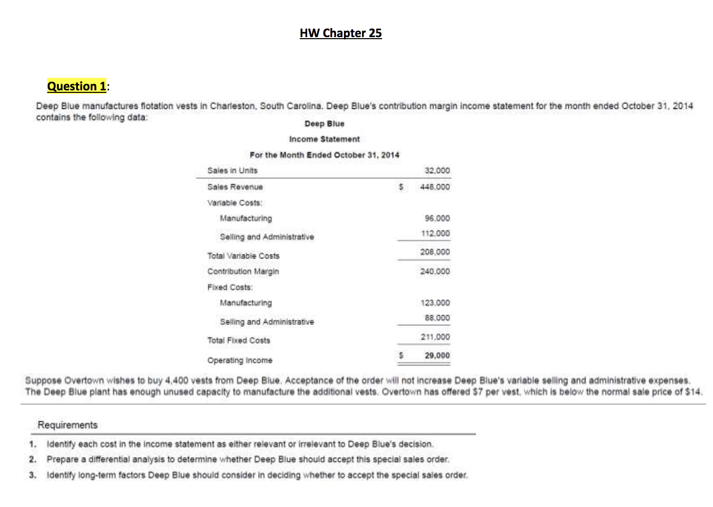 HW Chapter 25 Question 1: Deep Blue manufactures flotation vests in