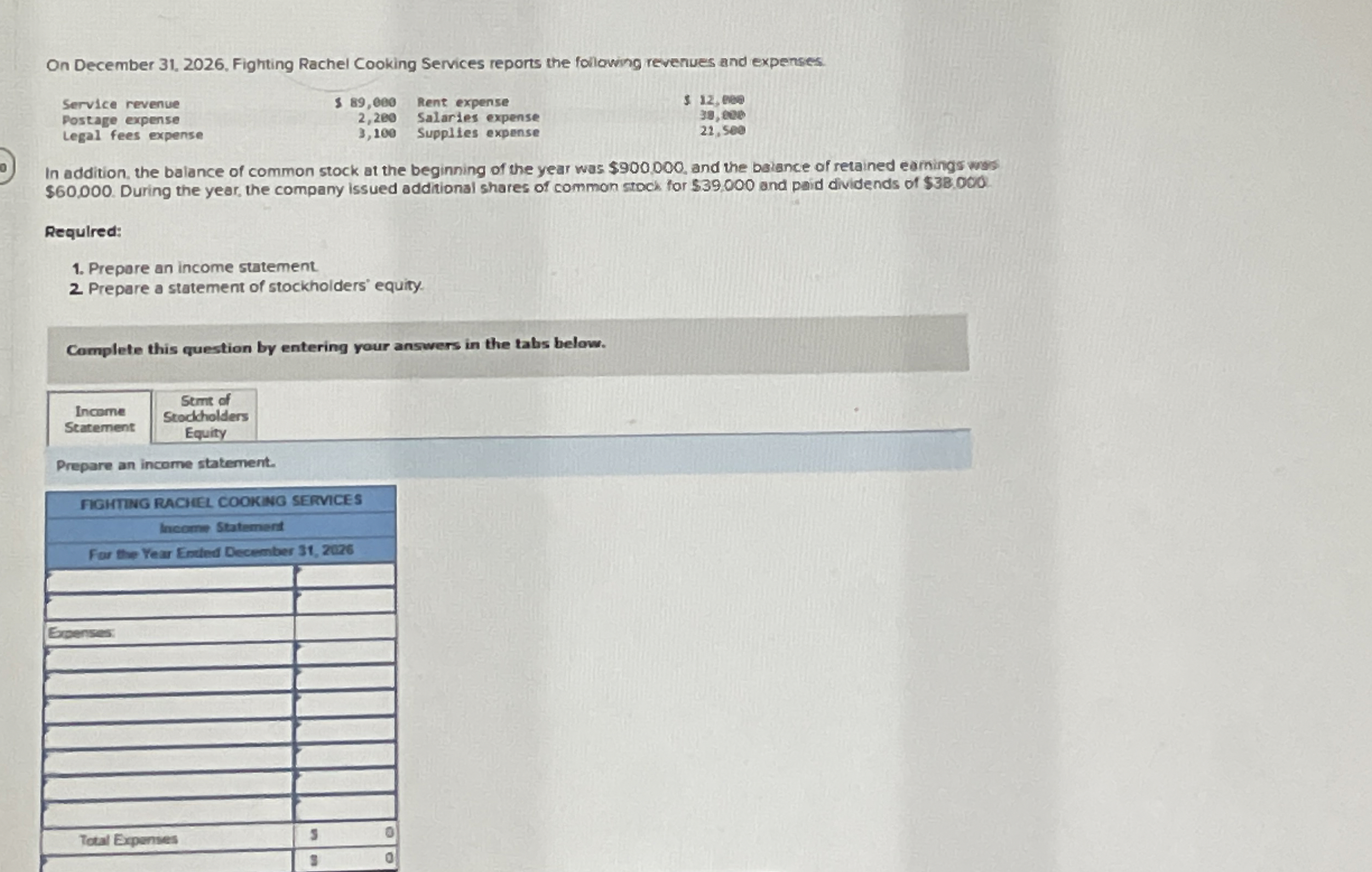  On December 31,2026. Fighting Rachel Cooking Services reports the following revenues