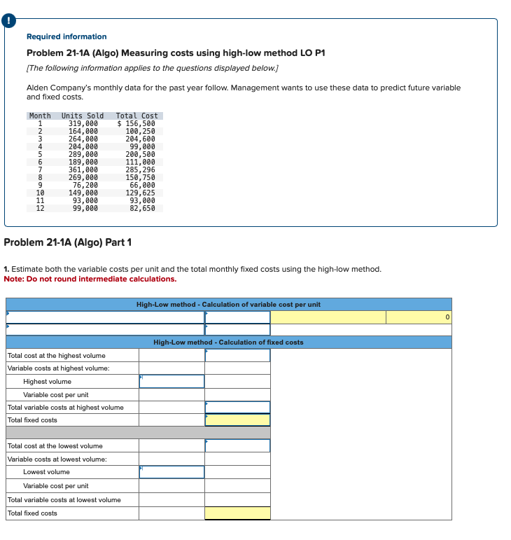  Problem 21-1A (Algo) Measuring costs using high-low method LO P1 [The