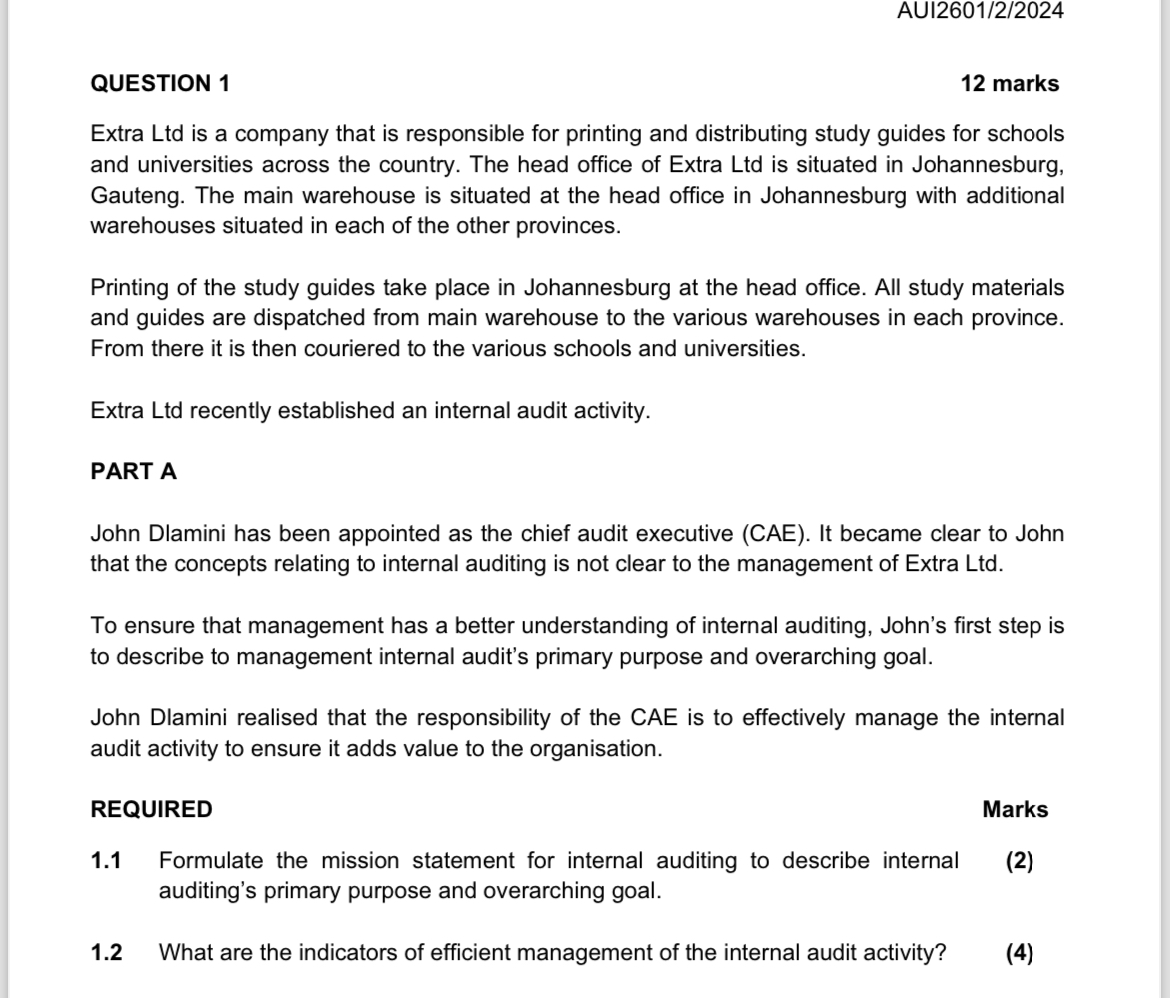  AUI2601/2/2024 QUESTION 1 12 marks Extra Ltd is a company that