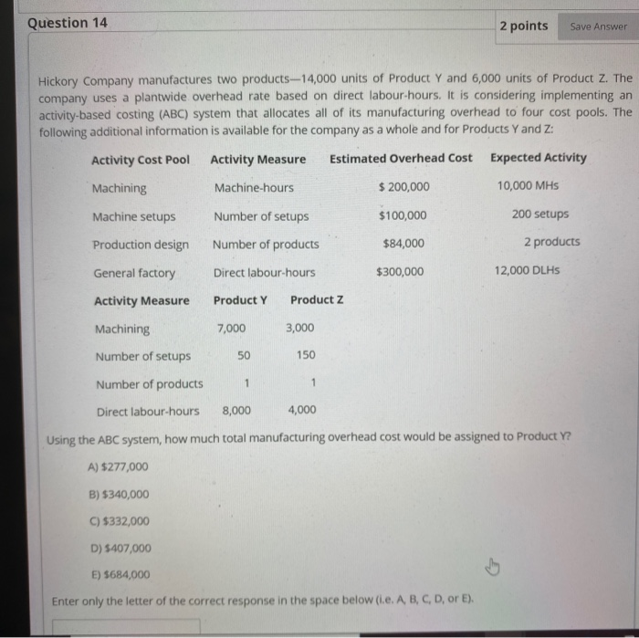  Question 14 2 points Save Answer Hickory Company manufactures two products--14,000