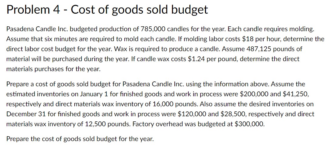 56,000 candles for the year. The estimated January 1 inventory is 3,400