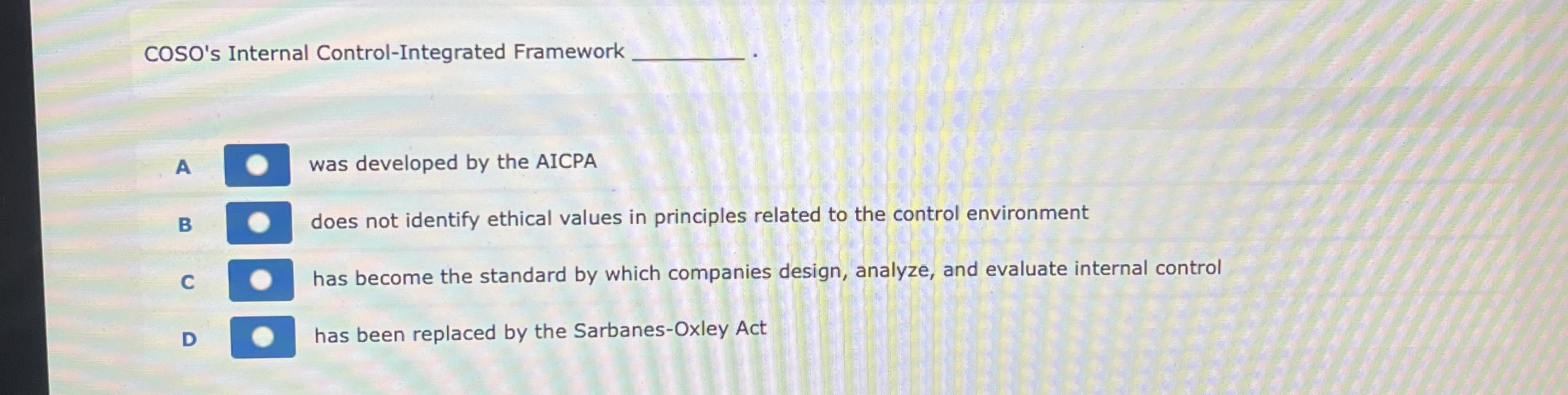  COSO's Internal Control-Integrated Framework A was developed by the AICPA B