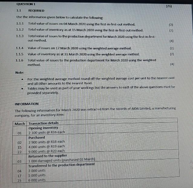 (25) QUESTION 1 1.1 REQUIRED Use the information given below to