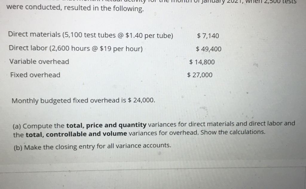 the standard costs for a typical test. Direct materials (2 test tubes